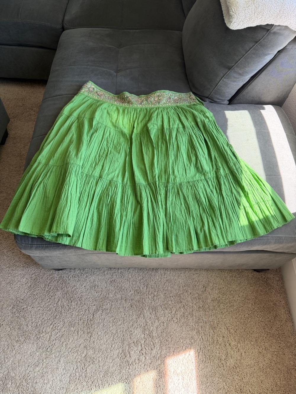 BCBGMaxAzria Lime Green Tiered Skirt with Embroidered Waist